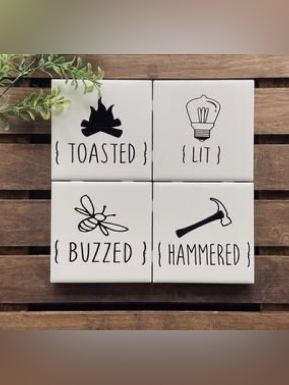 Set of 4 Rustic White Word Art Tiles - Toasted Lit Buzzed Hammered